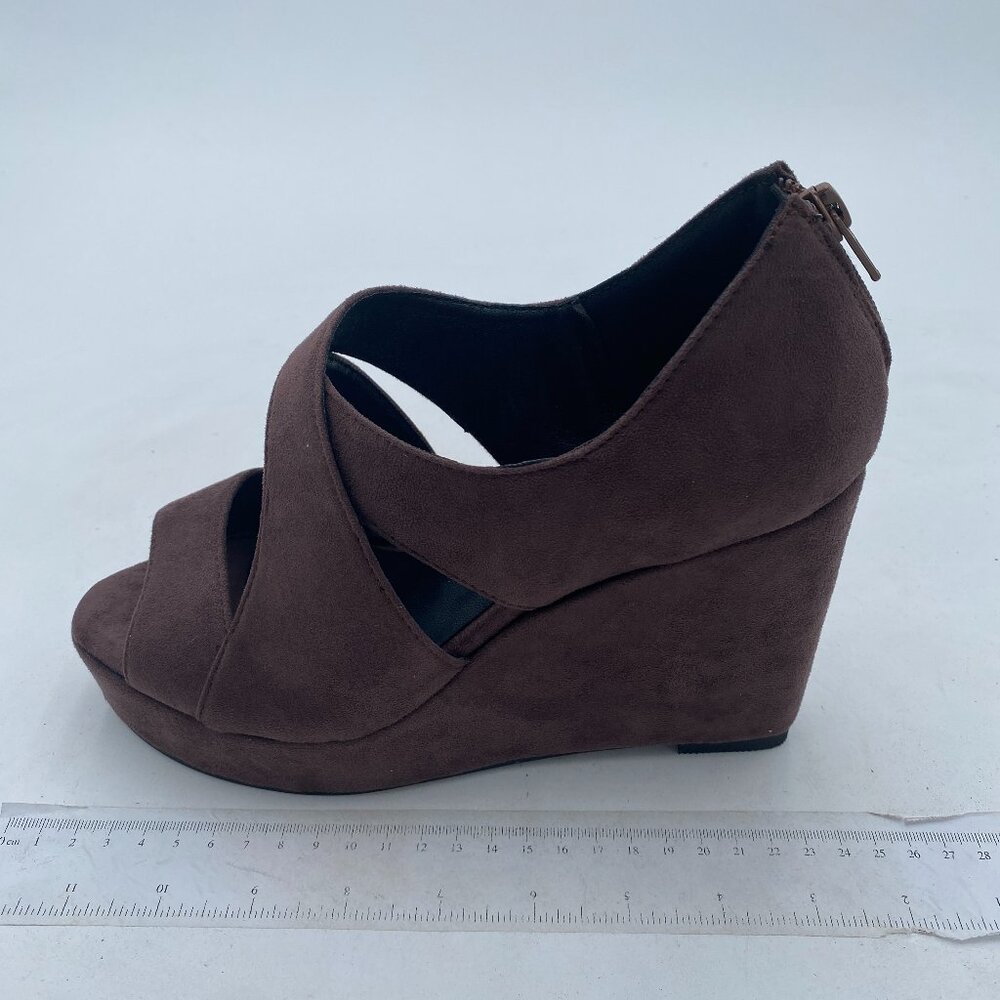 FSJ Womens Peep Toe Fashion Buckle Office Suede Ankle Strap Solid Wedge High Hee